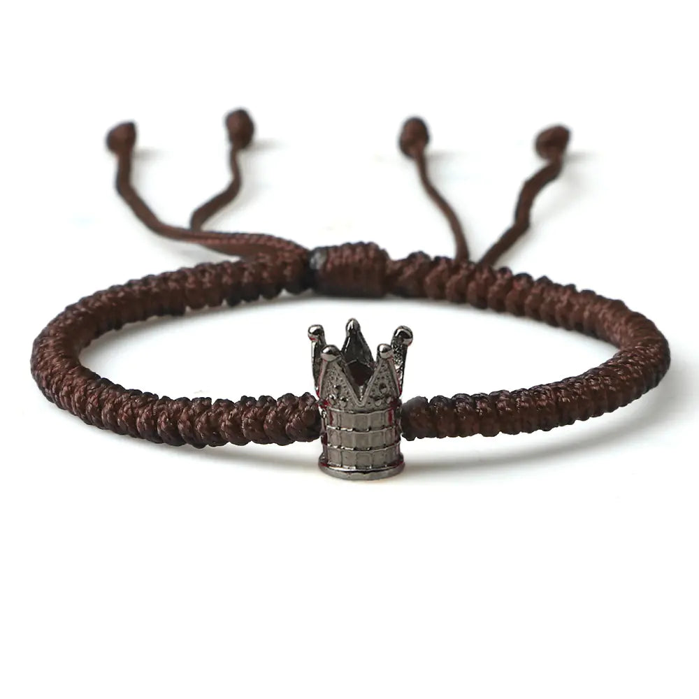 Luxury Braided Crown Bracelet – Adjustable Alloy Rope Bracelet with Diamond Detailing, Unisex Hand Rope for Men and Women (Black & Brown, Gold & Silver Accents)