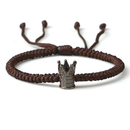 Luxury Braided Crown Bracelet – Adjustable Alloy Rope Bracelet with Diamond Detailing, Unisex Hand Rope for Men and Women (Black & Brown, Gold & Silver Accents)