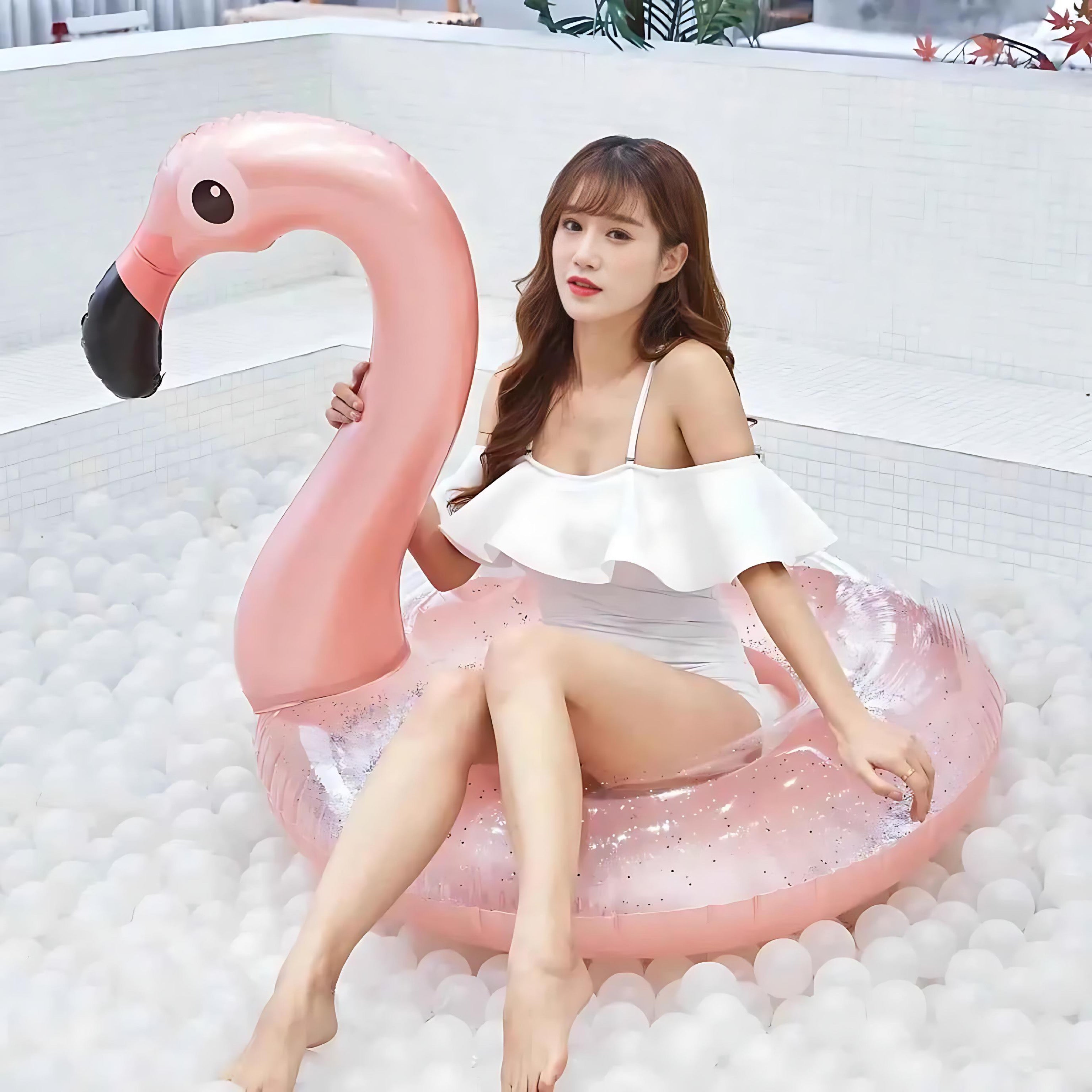 Flamingo Sequin Inflatable Ring Large Pink Pool Float For Adults And Kids Beach Party Fun by Wave & Hang