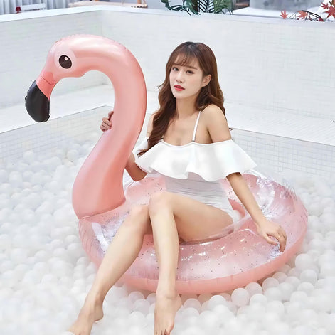 Flamingo Sequin Inflatable Ring Large Pink Pool Float For Adults And Kids Beach Party Fun by Wave & Hang