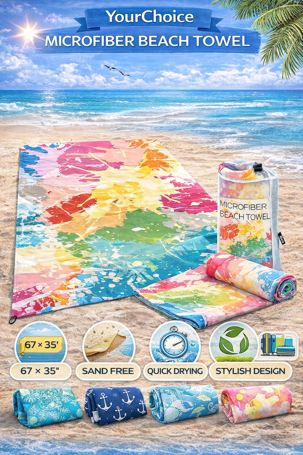 Your Choice Extra Large Microfiber Beach Towel Set - Sand-Free Rainbow