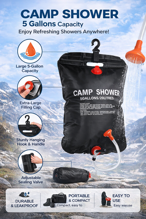 Solar Shower Bag by Brand Name - 5 Gallons with On/Off Shower Head