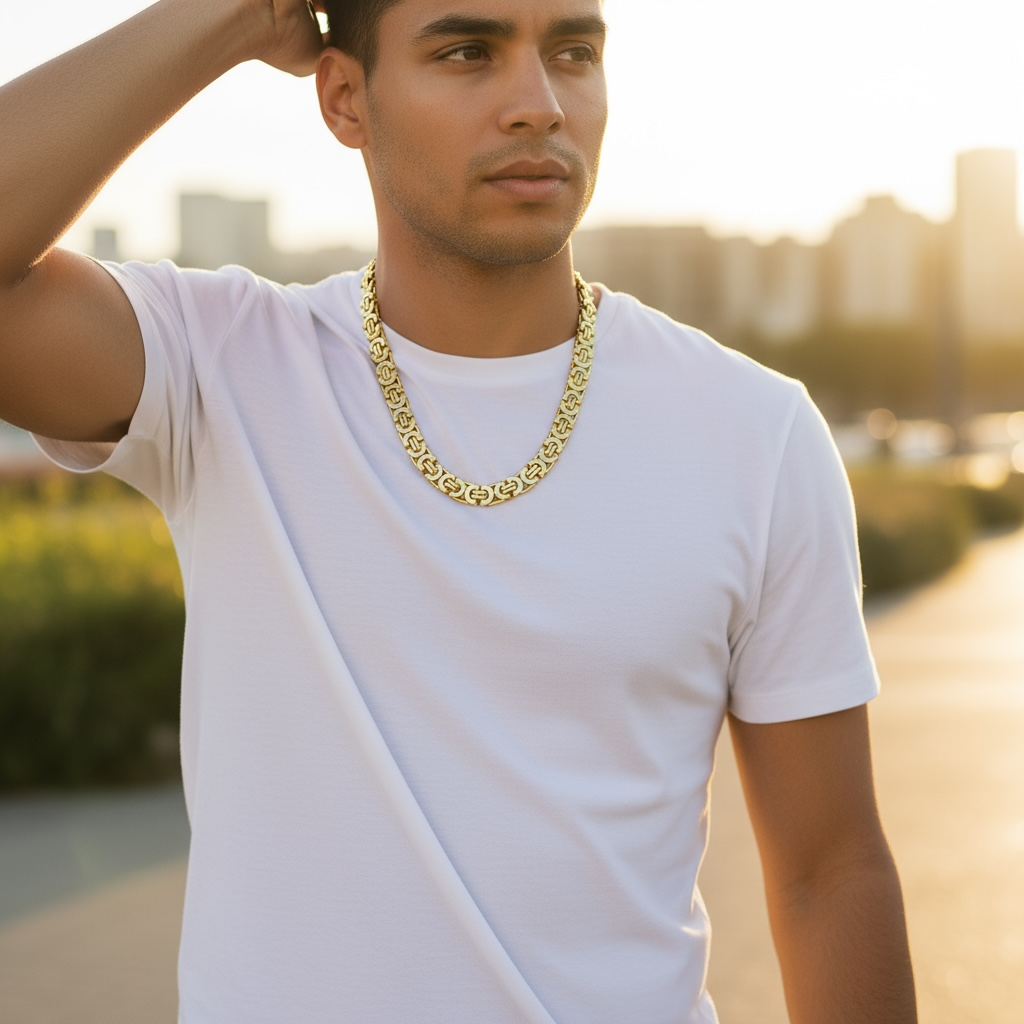 Byzantine Titanium Steel Necklace Set – Men’s Gold Chain Jewelry by Wave & Hang