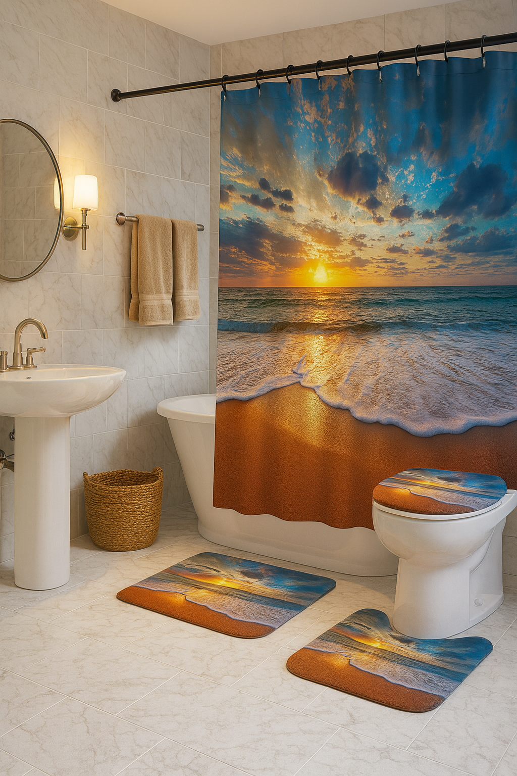 Sunset Beach Shower Curtain Set – Ocean Wave Bathroom Decor (4 Piezas)