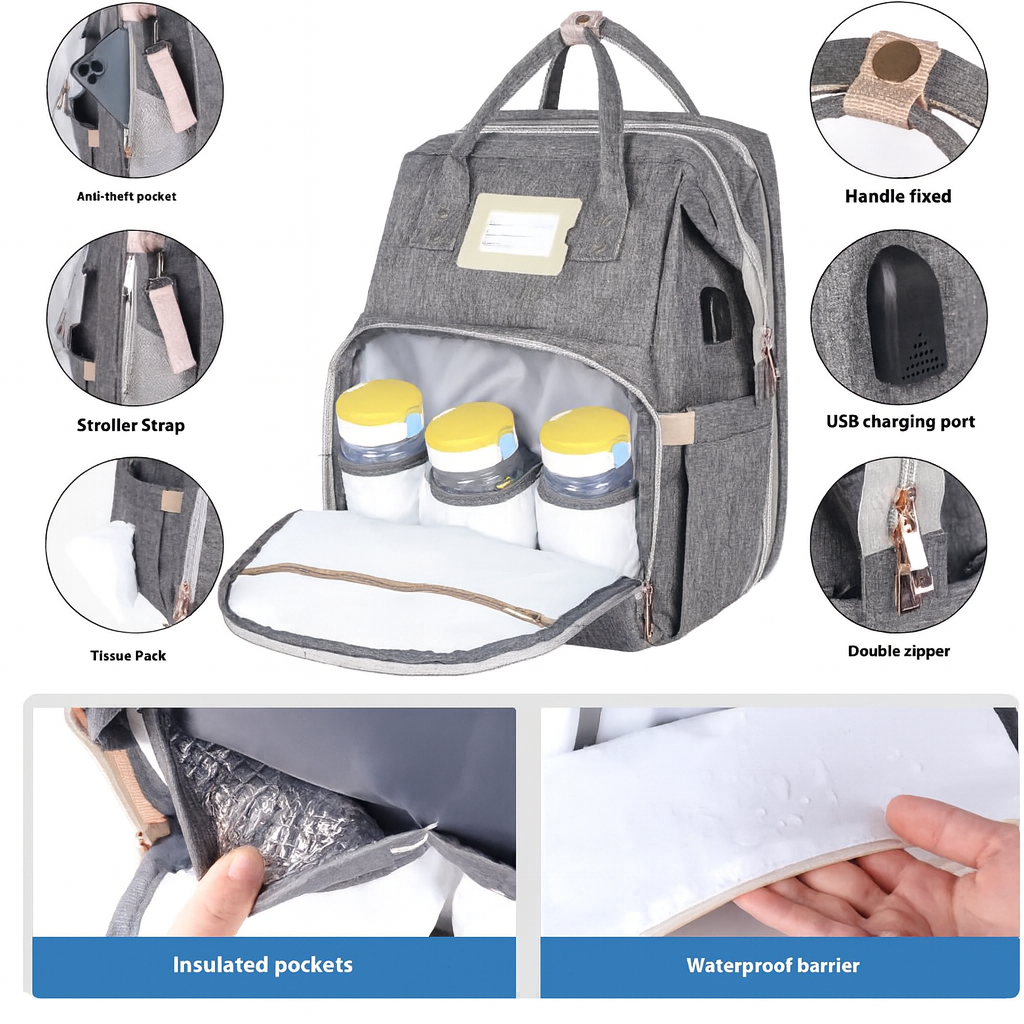 👶 Multi-Functional Diaper Bag with Foldable Baby Bed – Large Capacity Mommy Backpack