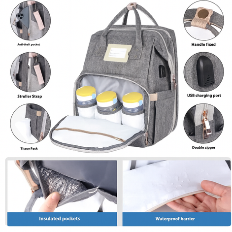 Multi-Functional Diaper Bag with Foldable Baby Bed – Large Capacity Waterproof Mommy & Daddy Backpack
