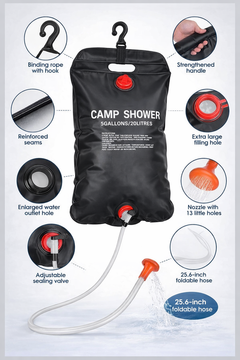 Solar Shower Bag by Brand Name - 5 Gallons with On/Off Shower Head