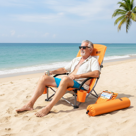 Nice C Beach Chair - High Back with Cooler & Cup Holder, Orange