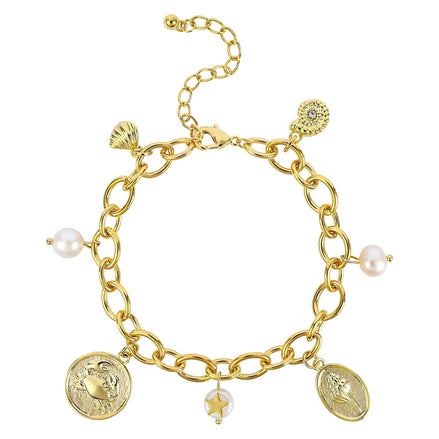 NEKOL Gold Ocean Charm Bracelet – 14K Gold Plated with Seashell & Pearl Charms by Wave & Hang