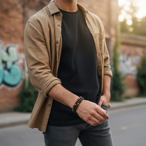 Couple’s Black Yoga Beaded Bracelet – Handmade Stone Bracelet for Men & Women by Wave & Hang