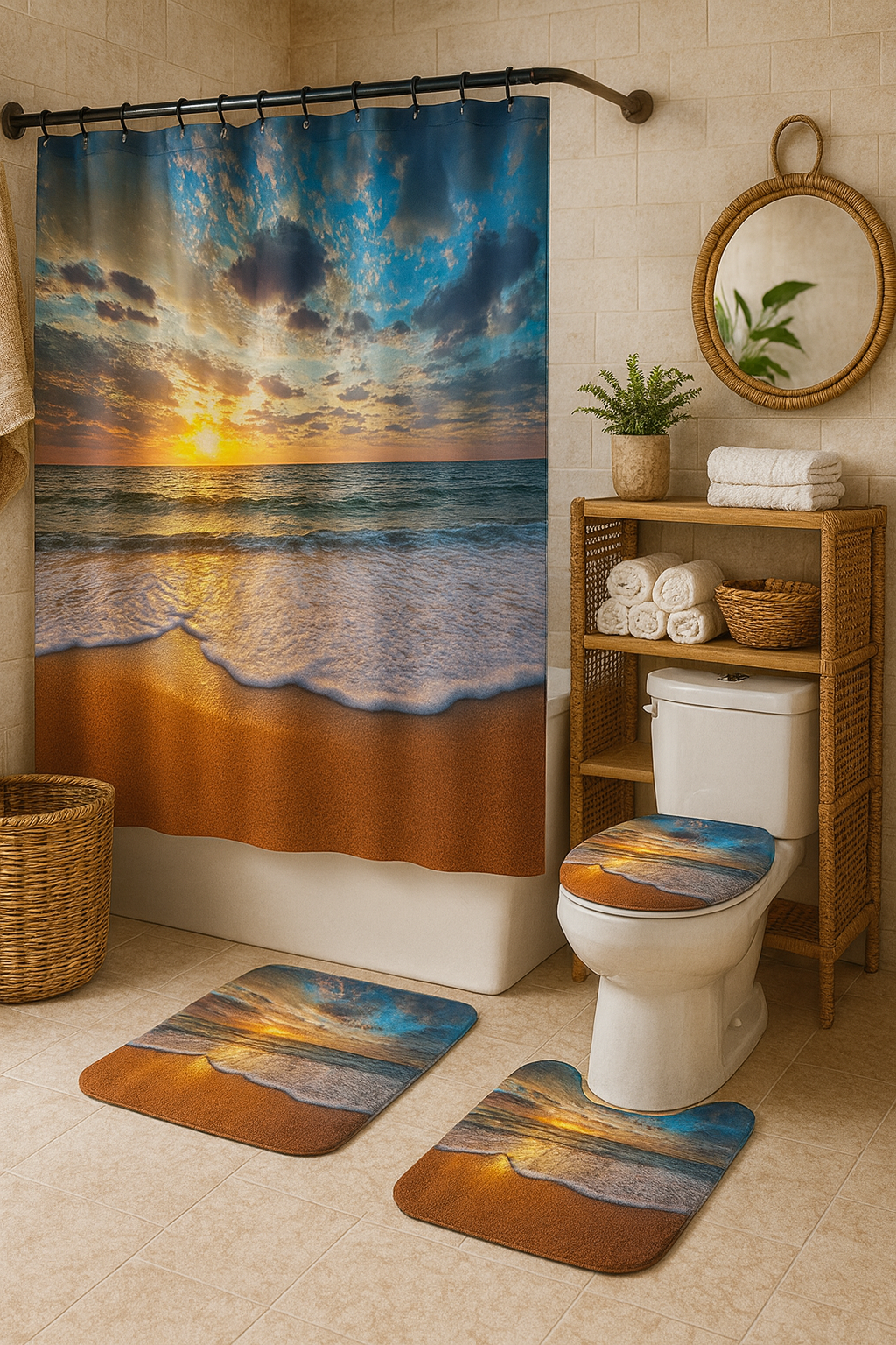 Sunset Beach Shower Curtain Set – Ocean Wave Bathroom Decor (4 Piezas)