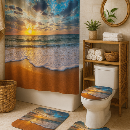 Sunset Beach Shower Curtain Set with ocean wave design – 4-piece bathroom decor including waterproof curtain, non-slip rugs, and toilet lid cover in tropical style.