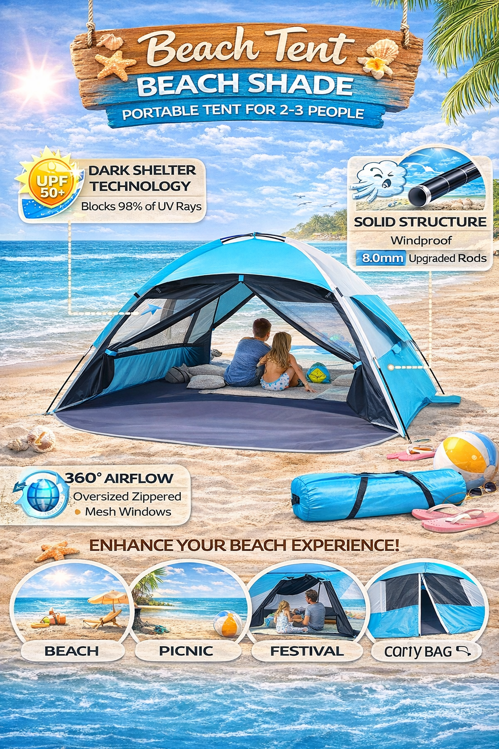 Beach Tent Beach Shade - Portable UPF 50+ Protection for 2-3 People