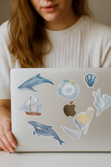 Yoksas Fifty Sticker Pack Ocean Blue Watercolor Marine Life Waterproof Vinyl Decals For Water Bottles And Laptops by Wave & Hang