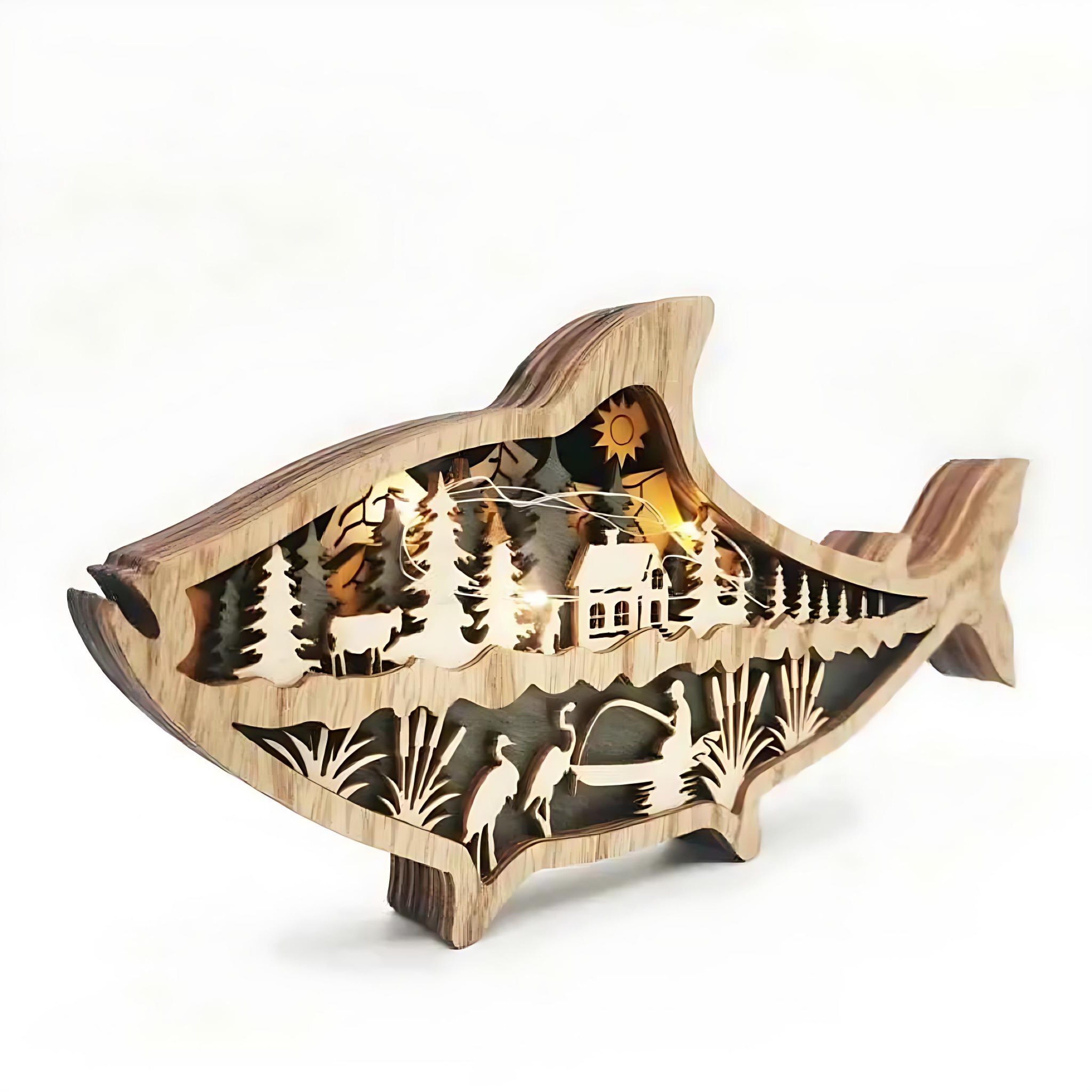 Wooden Fish Carving – Creative Ocean Art Desktop & Shelf Decor by Wave & Hang