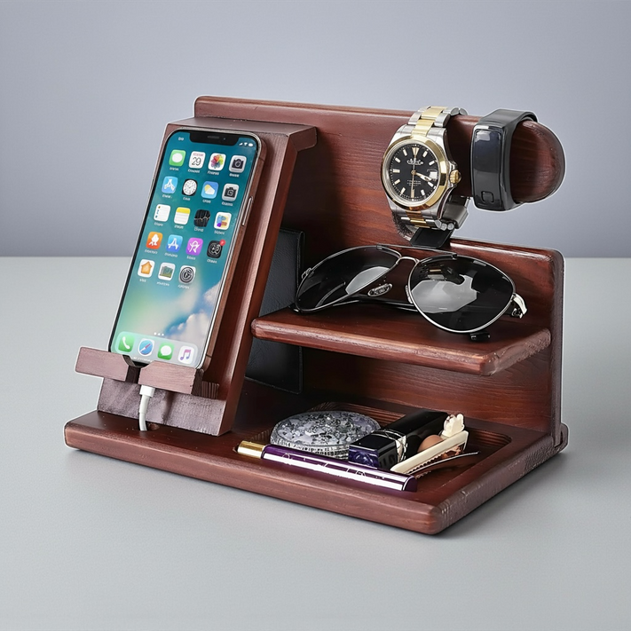 Wood Phone Docking Station – Desk & Nightstand Organizer for Men | Wallet, Keys, Watch & Gadget Holder by Wave & Hang
