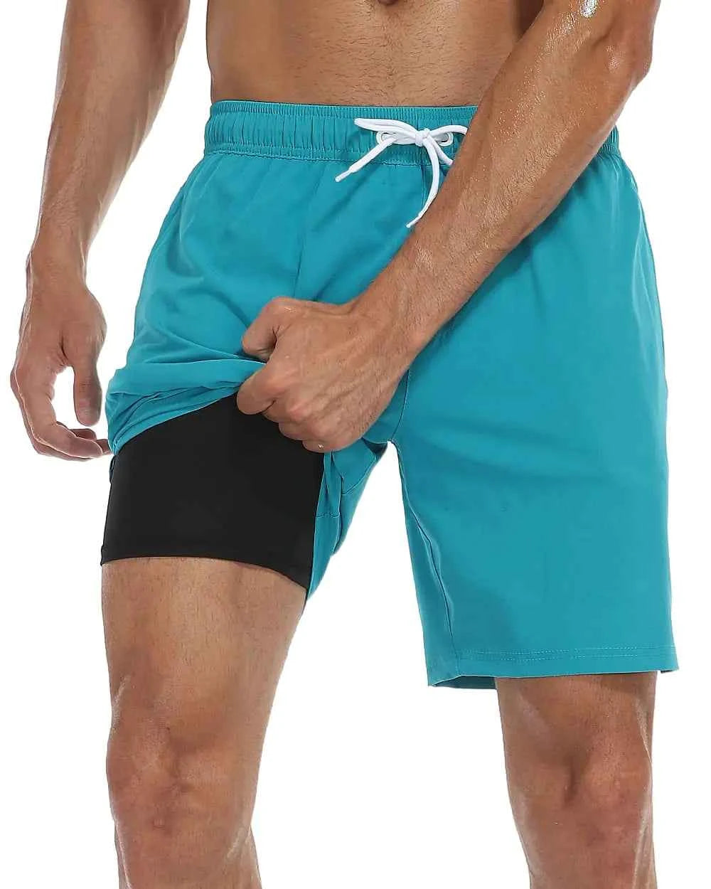 Nonwe Mens Swim Shorts Compression Liner Breathable Drawstring Beach Trunks Above Knee Lake Blue 38