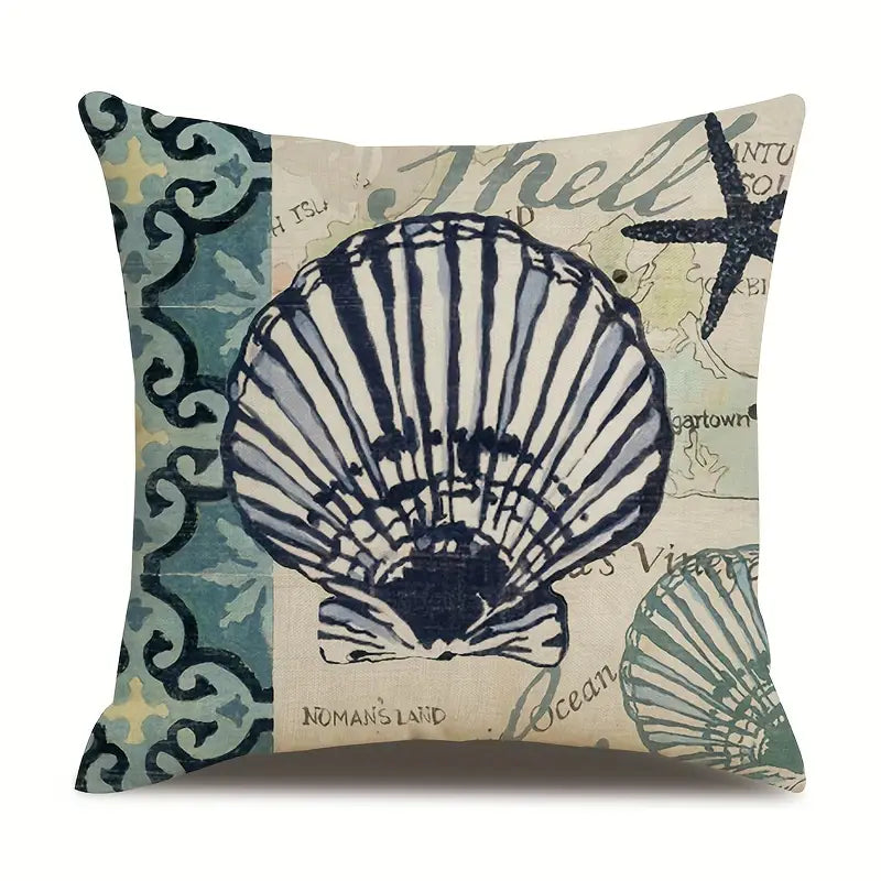 Ocean Theme Cotton Linen Cushion Covers – Coastal Starfish, Shell, Jellyfish, Snail, Octopus & Conch