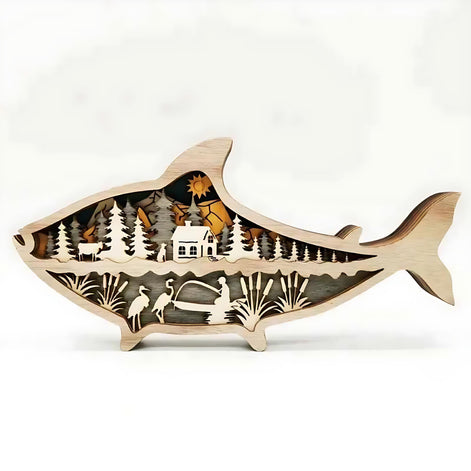 Wooden Fish Carving – Creative Ocean Art Desktop & Shelf Decor by Wave & Hang
