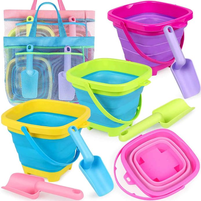 Collapsible Beach Bucket & Shovel Set with Mesh Bag – Foldable Sand Toys for Kids, Toddlers & Travel (4 Buckets)