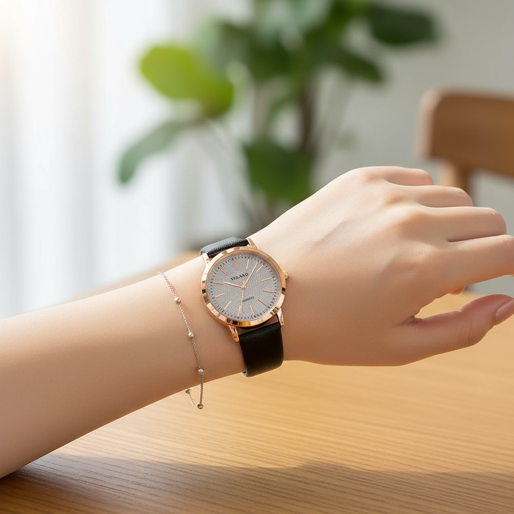 Women’s Glitter Leather Band Quartz Watch – Slim & Elegant Design by Wave & Hang