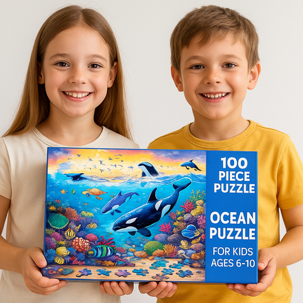 100 Piece Ocean Puzzle for Kids Ages 6–10 – Killer Whale Jigsaw Educational Toy for Boys & Girls