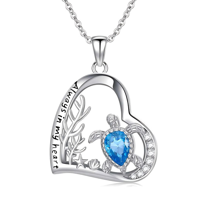 Sterling Silver Sea Turtle Heart Necklace – Blue Zircon Pendant Jewelry Gift by Wave & Hang