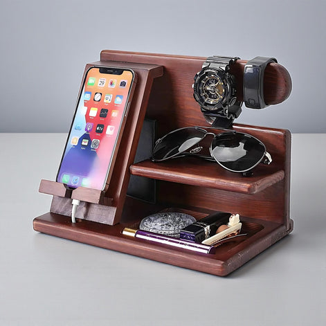 Wood Phone Docking Station – Desk & Nightstand Organizer for Men | Wallet, Keys, Watch & Gadget Holder by Wave & Hang