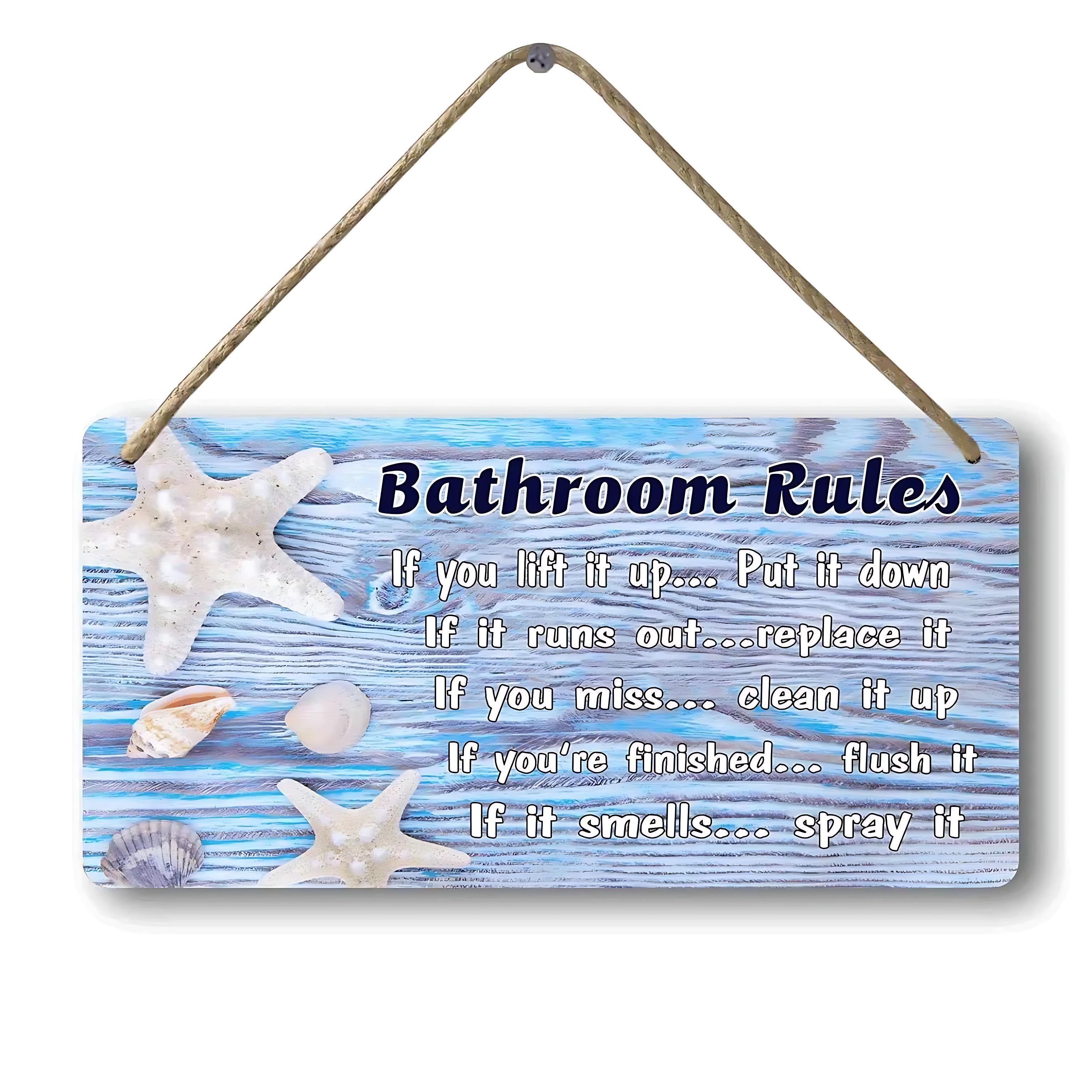 Beach Bathroom Wall Decor | Ocean Themed Wood Sign “Bathroom Rules” (12×6 in) by Wave & Hang