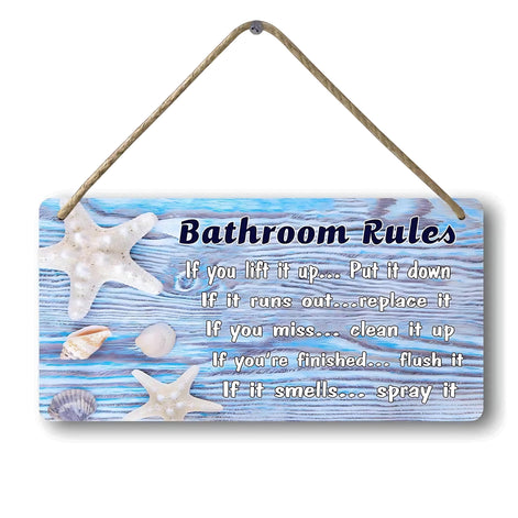 Beach Bathroom Wall Decor | Ocean Themed Wood Sign “Bathroom Rules” (12×6 in) by Wave & Hang