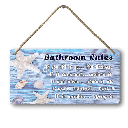 Beach Bathroom Wall Decor | Ocean Themed Wood Sign “Bathroom Rules” (12×6 in) by Wave & Hang