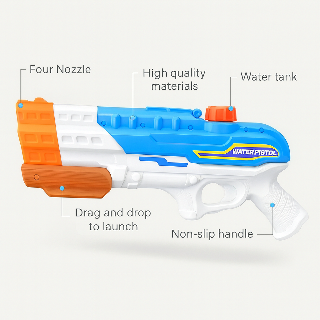 Water Gun Blaster With 4 Nozzles High Pressure Soaker 1150ml Large Capacity For Pool And Beach Fun by Wave & Hang