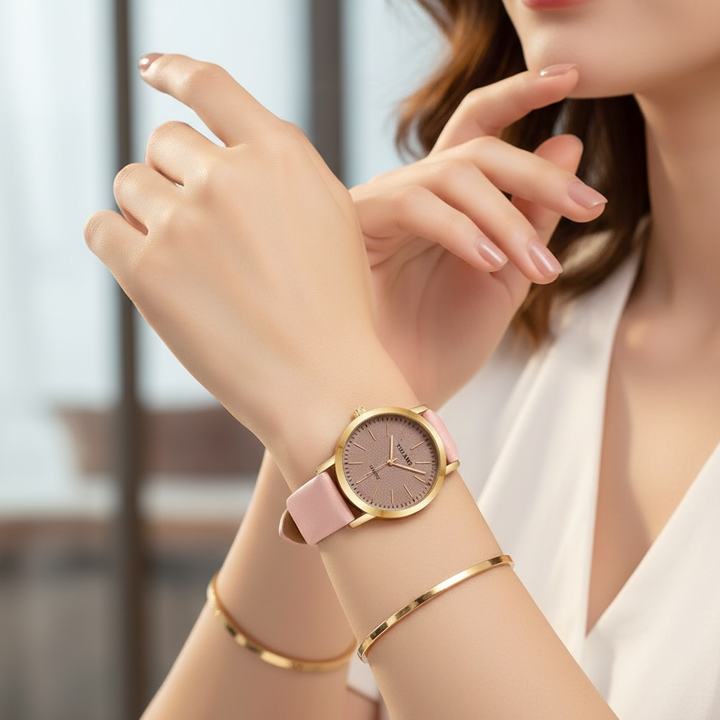 Women’s Glitter Leather Band Quartz Watch – Slim & Elegant Design by Wave & Hang