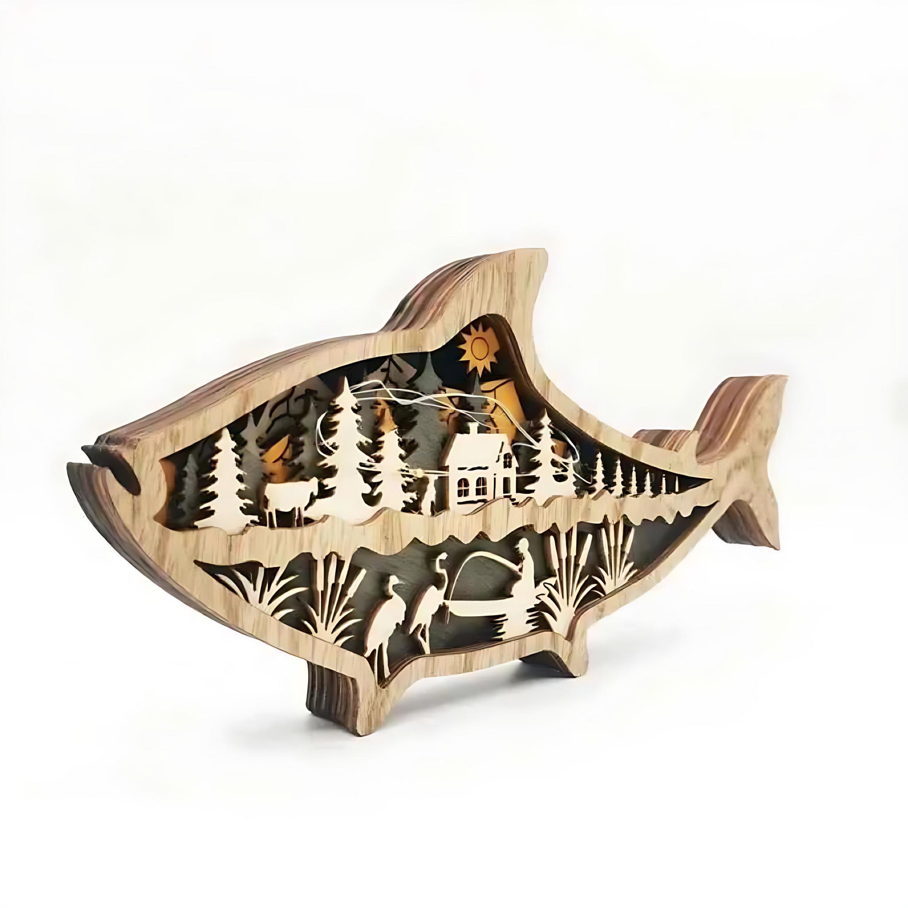 Wooden Fish Carving – Creative Ocean Art Desktop & Shelf Decor by Wave & Hang