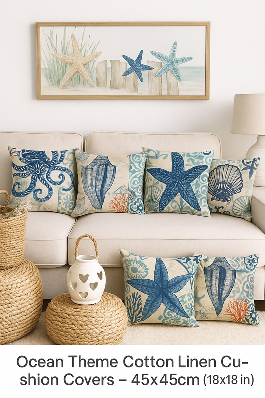 Ocean Theme Cotton Linen Cushion Covers – Coastal Starfish, Shell, Jellyfish, Snail, Octopus & Conch
