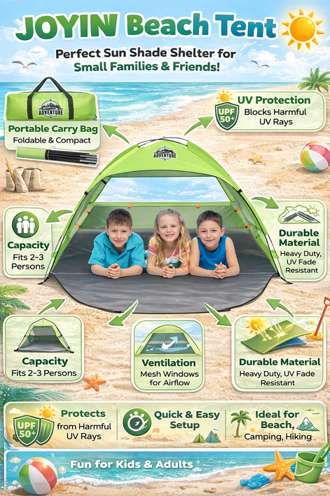 JOYIN Beach Tent – UV Protection for 2-3 People, Portable & Easy Setup