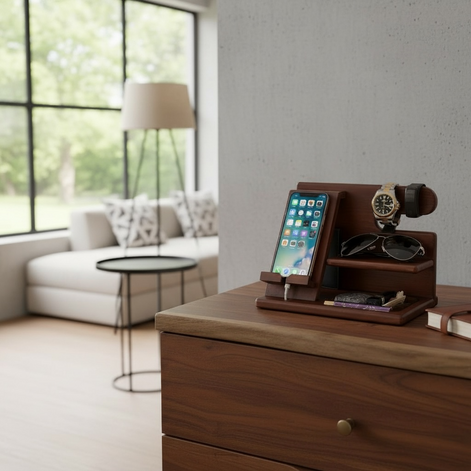 Wood Phone Docking Station – Desk & Nightstand Organizer for Men | Wallet, Keys, Watch & Gadget Holder by Wave & Hang