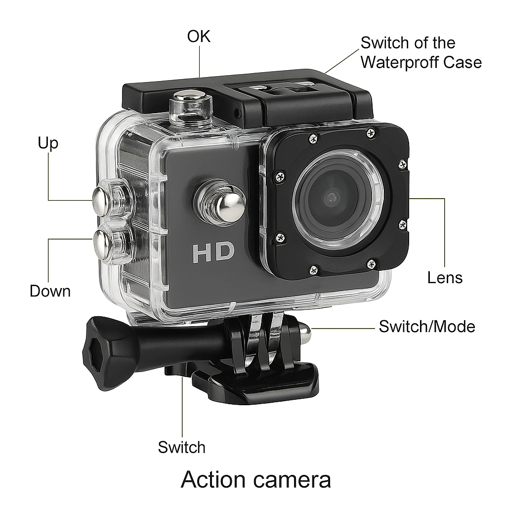 1080p Waterproof Sports Action Camera with HD Recording & Underwater Housing