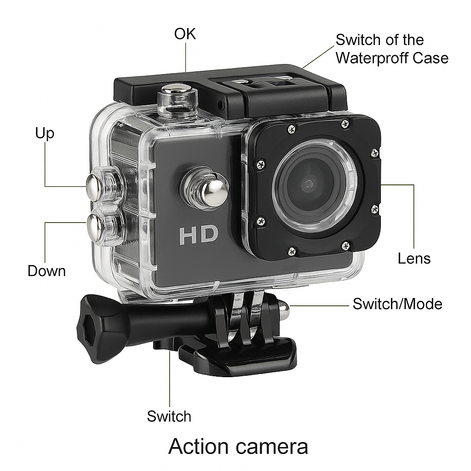 1080p Waterproof Sports Action Camera with HD Recording & Underwater Housing