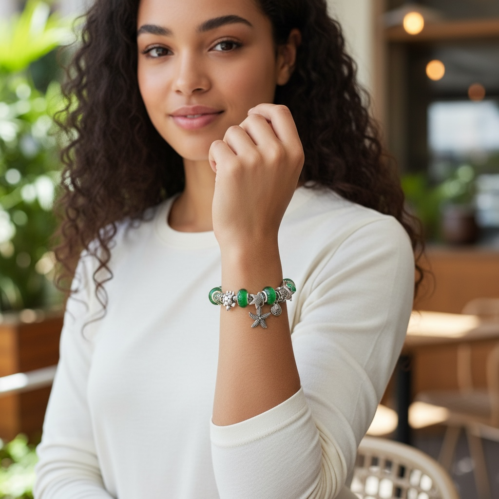 Ocean Series Green Glass Bead Bracelet – Dolphin, Shell & Starfish Charms by Wave & Hang