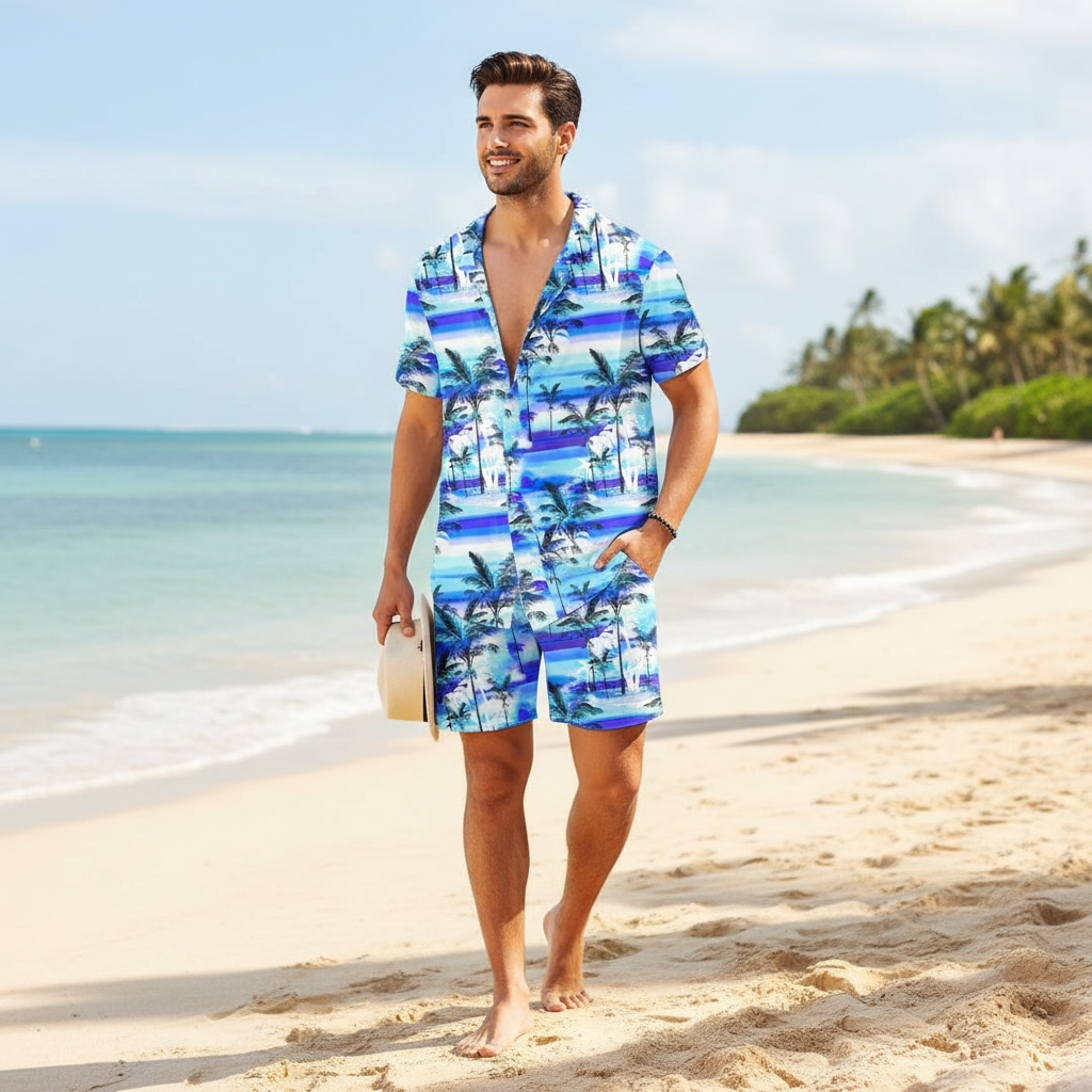 AOBUTE Men's Tropical Print Hawaiian Shirt & Shorts Set - Summer Ready