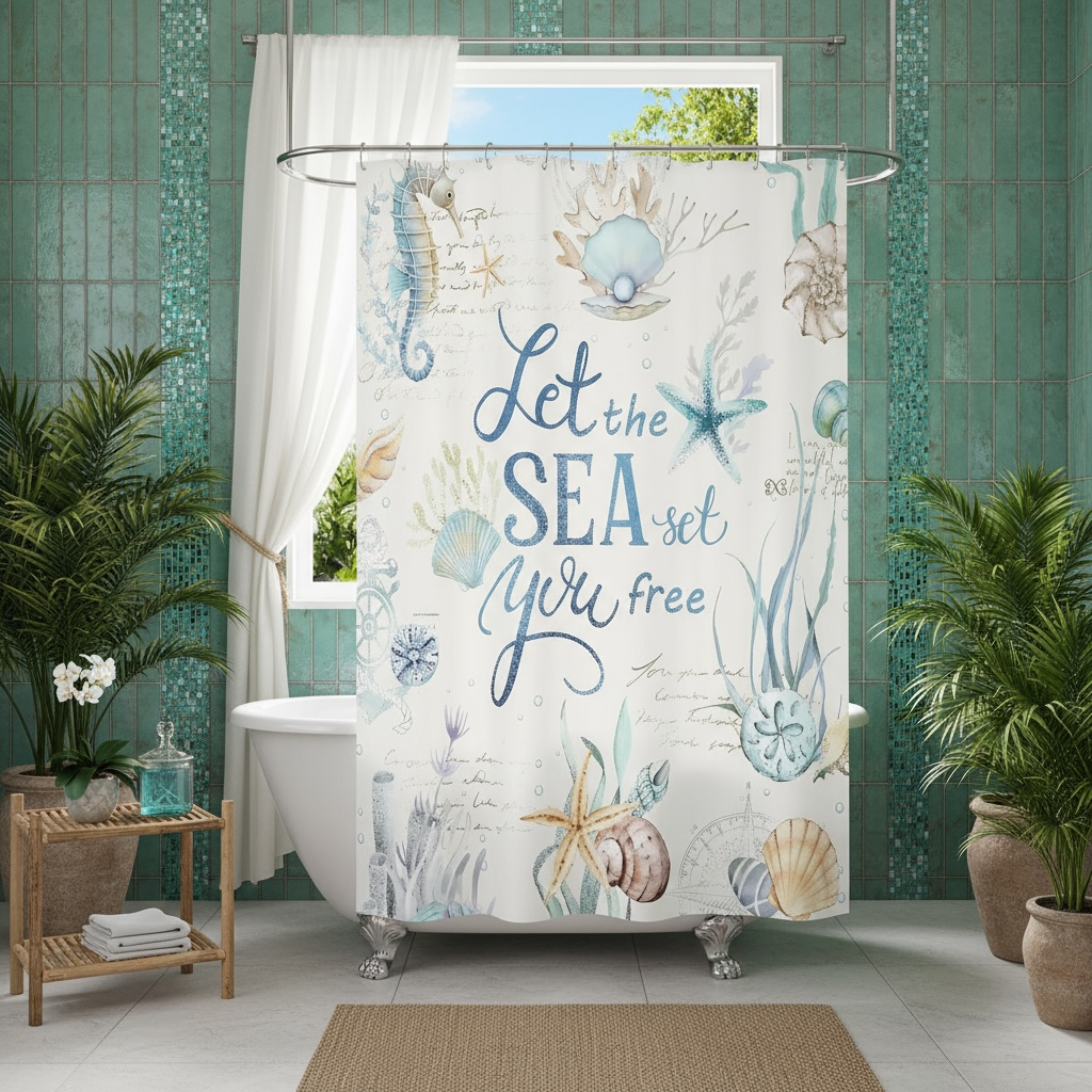 Nautical Ocean Quote Shower Curtain | Coastal Charm by LIGHTINHOME by Wave & Hang