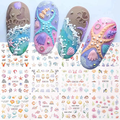 12 Sheets Ocean Nail Art Stickers – Summer Water Transfer Decals for Women & Girls