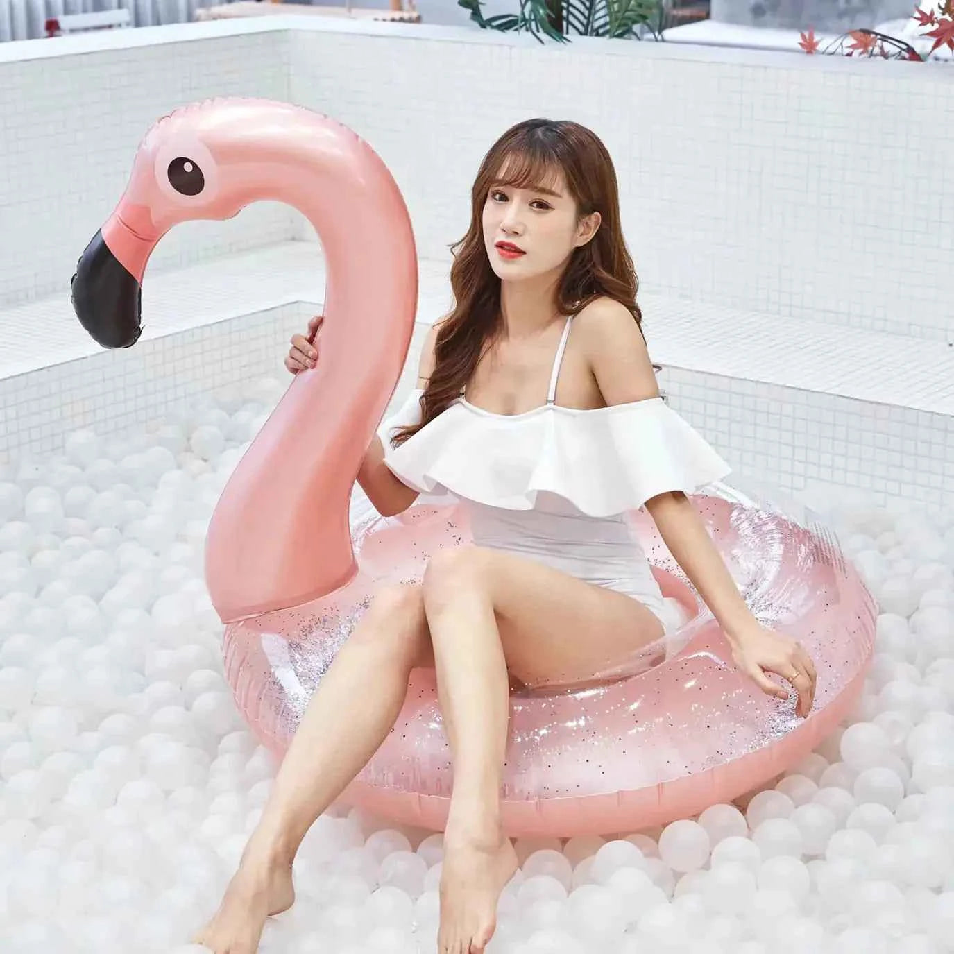 Flamingo Inflatable Swimming Ring – Large Pool Float for Adults & Kids | Sequin Pink PVC Pool Tube for Beach & Party Fun