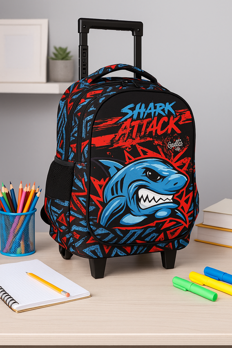 Kids Rolling Backpack with Wheels – Shark Attack Design | School & Travel Bag