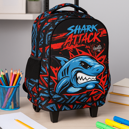 Kids Rolling Backpack with Wheels – Shark Attack Design | School & Travel Bag