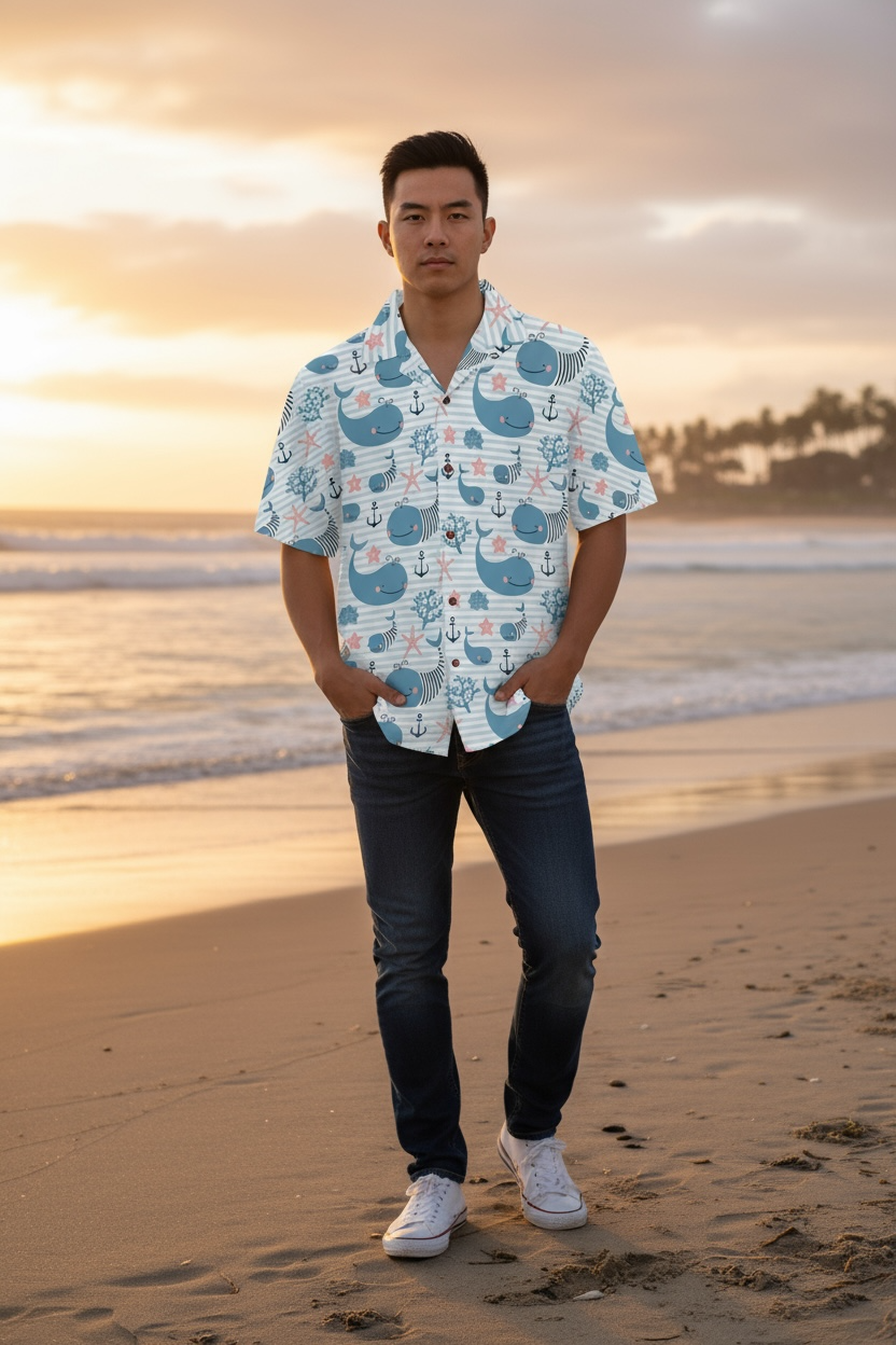 Visesunny Hawaiian Whale Shirt | Quick-Dry Beach Style for Men by Wave & Hang