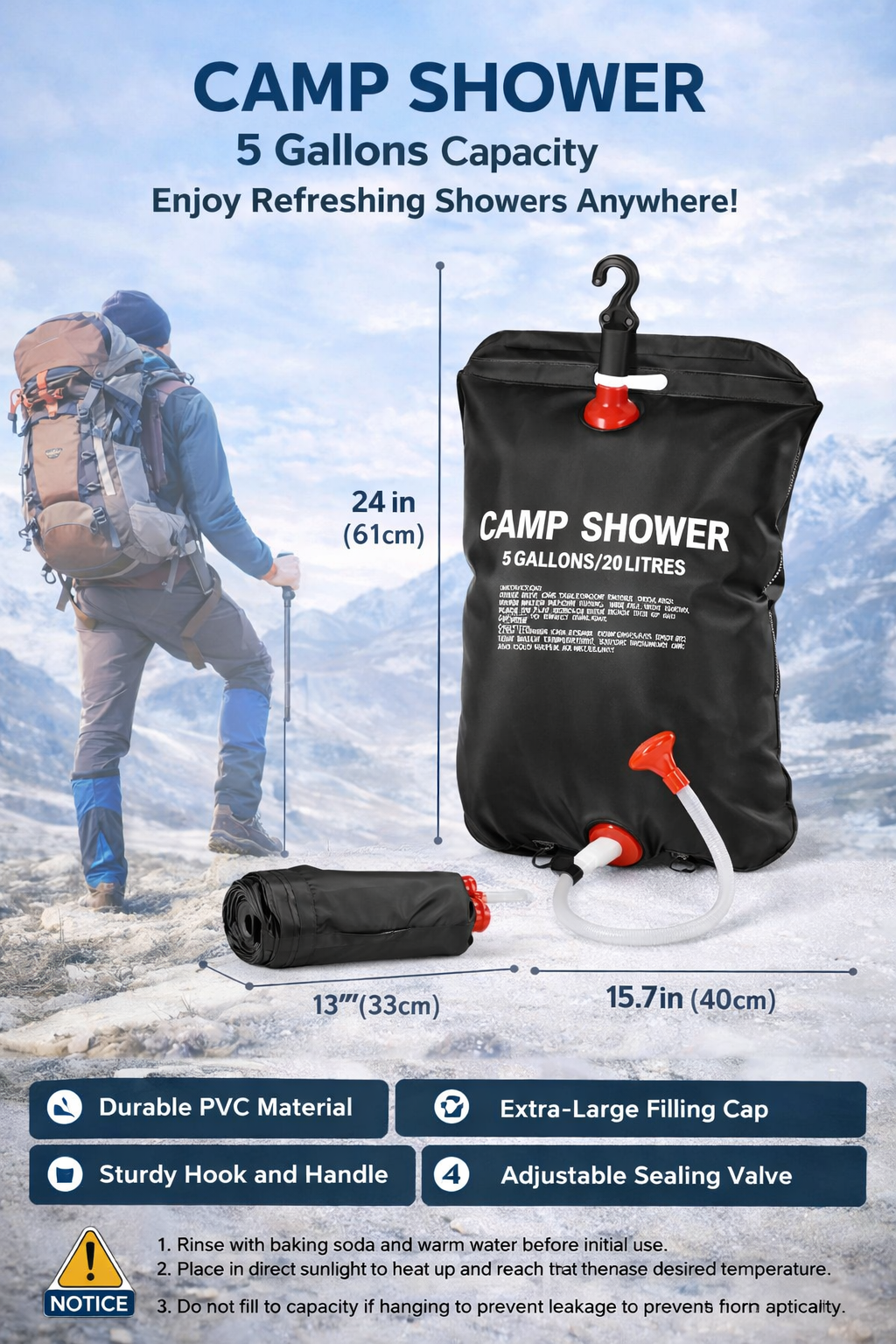 Solar Shower Bag by Brand Name - 5 Gallons with On/Off Shower Head