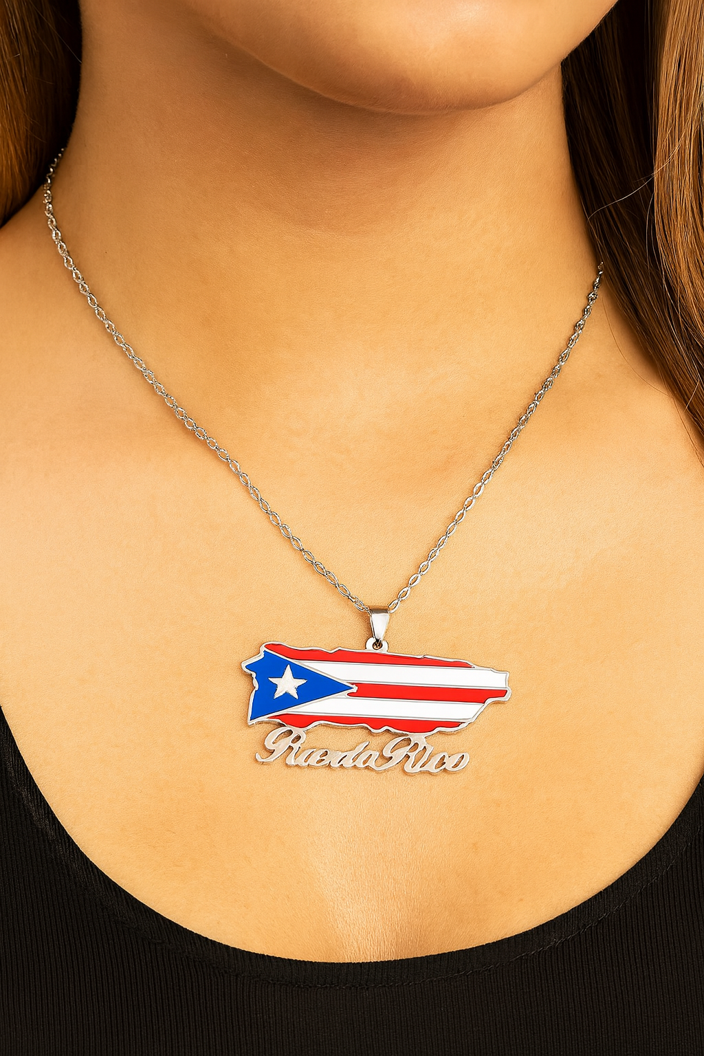 Puerto Rico Map Pendant Necklace – Stainless Steel Puerto Rican Flag Jewelry for Men & Women | 316L Steel Chain, Patriotic Gift