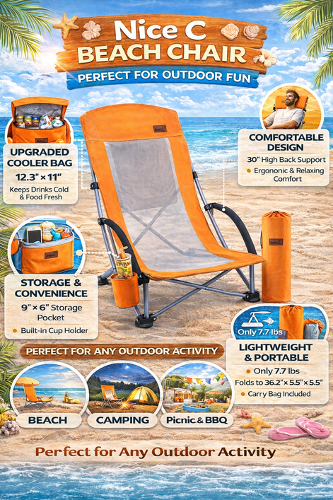 Nice C Beach Chair - High Back with Cooler & Cup Holder, Orange